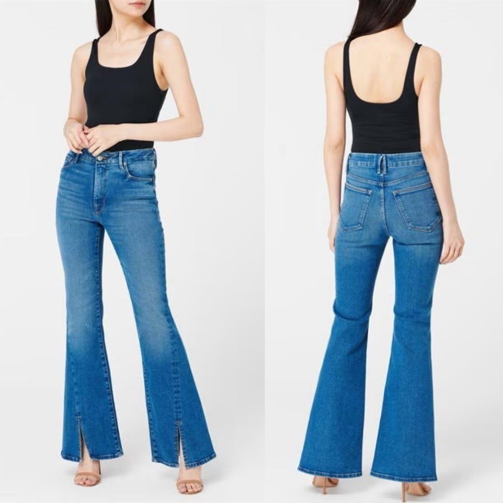 Good American Womens Indigo029 Wash Good Legs Twisted Slit Flare Jean Size 28